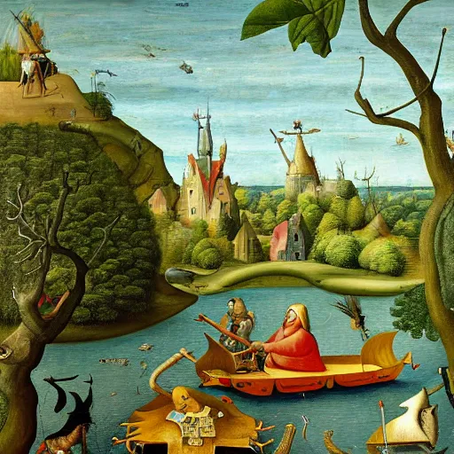 Prompt: An intricate, extremely detailed painting in a style of Hieronim Bosch featuring a river in Europe, surrounded by trees and fields. A dinghy is slowly moving through the water. Sun is shining.