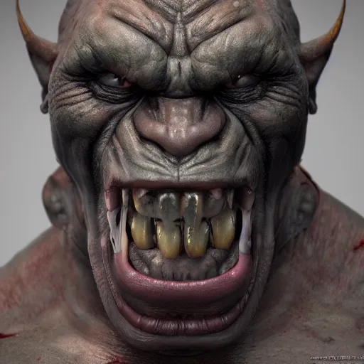 Image similar to An vicious orc portrait, highly detailed, photorealism, zbrush sculpt, substance painter, texturing XYZ, Subsurface scattering, cinematic lighting, Unreal engine 5, octane render, cinema4d, vray, redshift, keyshot, Arnold render