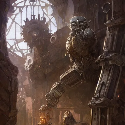 Prompt: Dwarven mechanical bipedal constructs from Skyrim, gorgeous, beautiful, intricate, highly detailed, digital painting, artstation, oppressive lighting, concept art, sharp focus, illustration, art by greg rutkowski and alphonse mucha