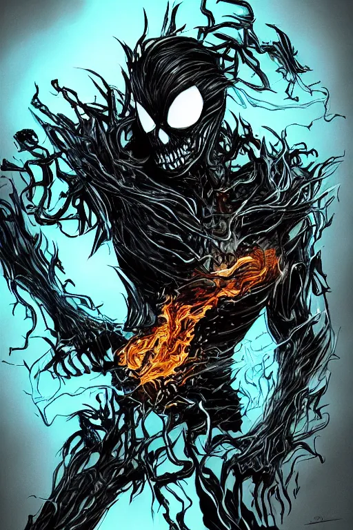 Image similar to ghost rider symbiote, comic strip style, dynamic lighting, fantasy concept art, trending on art station, stunning visuals, creative, cinematic, portrait, ultra detailed