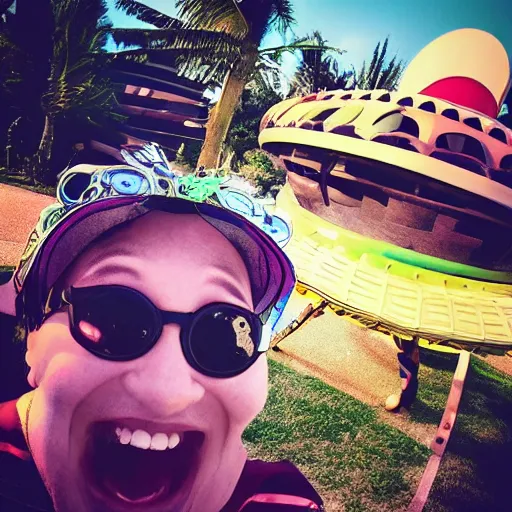 Prompt: selfie of a funny cute alien in an alien vacation resort