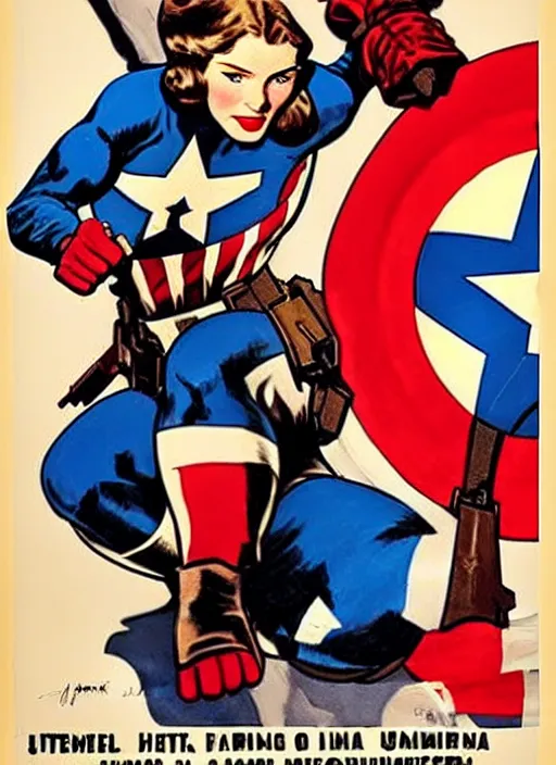 Prompt: beautiful female captain america fighting hitler. feminist captain america wins. american wwii propaganda poster by james gurney and pixar. gorgeous face. long braids. overwatch.