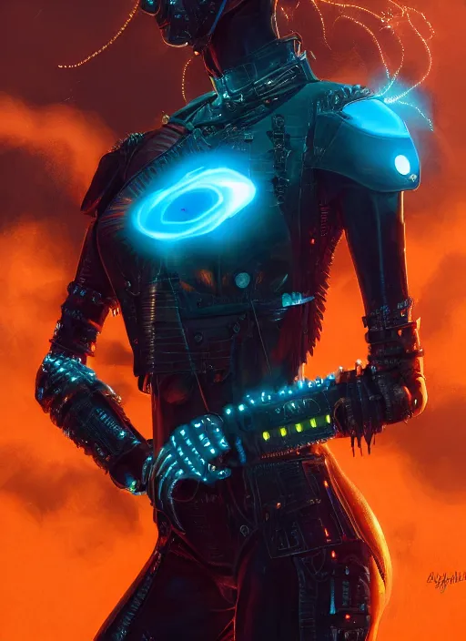 Prompt: symmetry!! dynamic pose! closeup portrait of a cyborg pirate girl, fashion cyber jumpsuit with big shoulder pads, cinematic light, backlight, windy, teal orange, smoke trails, dust particles, by gerald brom, by mikhail vrubel, by peter elson, muted colors, extreme detail, trending on artstation, 8 k