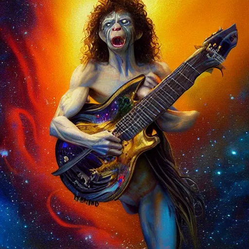 Image similar to beautiful oil painting with high detail of a Gollum with long curly hair made of stars and nebulas, holding a futuristic electric guitar and art direction by James Cameron; by artgerm; wayne reynolds art station; cinematic quality character render; low angle; ultra high quality model; production quality cinema model; Fleshless