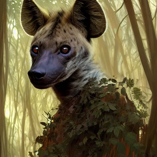 Image similar to photo of a humanoid hyena were a dress in the forest, highly detailed, digital painting, artstation, smooth, sharp focus, illustration, art by artgerm and greg rutkowski and alphonse mucha