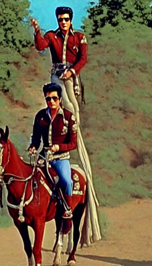 Image similar to elvis on horseback, screenshot from bollywood muscial,, realistic colour palette by