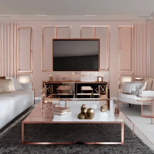 Image similar to 3 d render of white living room with rose gold metallic accents