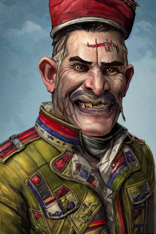 Prompt: nineteenth century style portrait of a middle aged half orc with a bemused smile on his face. dressed in a patchwork military uniform jacket with cut sleeves, runic arm tattoos, sharp focus, illustration, digital painting, art by magali villeneuve