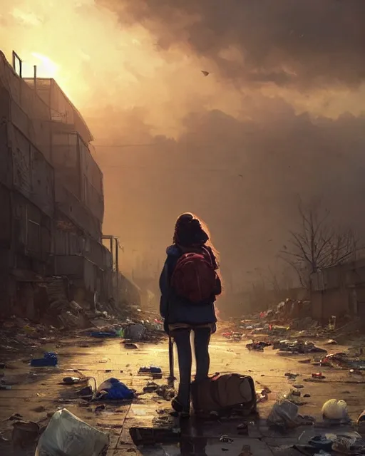 Image similar to poor detailed girl with backpack standing at cars looking for food at garbage dump, destroyed cars, city is pure wasteland, moody sunset in background, greg rutkowski, alphonse mucha, trending on artstation, artgerm, unreal engine, breathtaking, award winning, highly detailed