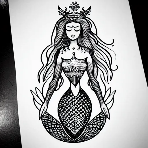 Image similar to a peaceful meditative mermaid wearing a crown, banner across chest, full body, symmetrical, highly detailed black and white new school pinup tattoo design