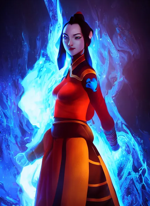 Prompt: Azula from avatar the last Airbender posing, blue flames, dark atmosphere, cinematic shot, intricate, ornate, photorealistic, ultra detailed, realistic, 100mm, photography, octane, high definition, depth of field, bokeh, 8k, artstation
