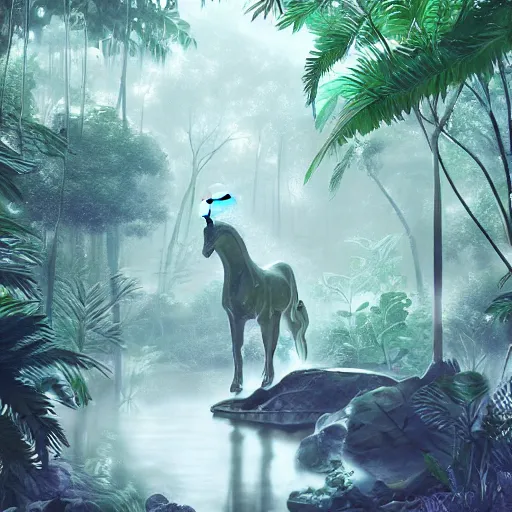 Image similar to a unicorn in a misty jungle, hyperdetailed, photorealist, artstation, vaporwave