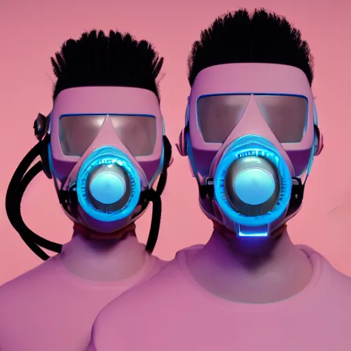 Image similar to intense futuristic bespoke vr headset respirator with long cables like dreadlocks on a set of twin humble hypebeasts, by ilya kuvshinov and james jean and sorayama and ikeuchi and hyein seo and hiroya oku and gilleard james, artstation trending, 8 k, 3 d render, photorealistic, volumetric lighting caustics, pink