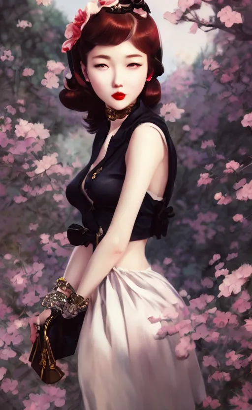 Image similar to a pin up and beautiful fashion charming dreamlke korea girl with lv jewelry, character art, art by artgerm lau and kyoung hwan kim and and ilya kuvshinov and john singer sargent, hyperdetailed, 8 k realistic, symmetrical, frostbite 3 engine, cryengine, dof, trending on artstation, digital art