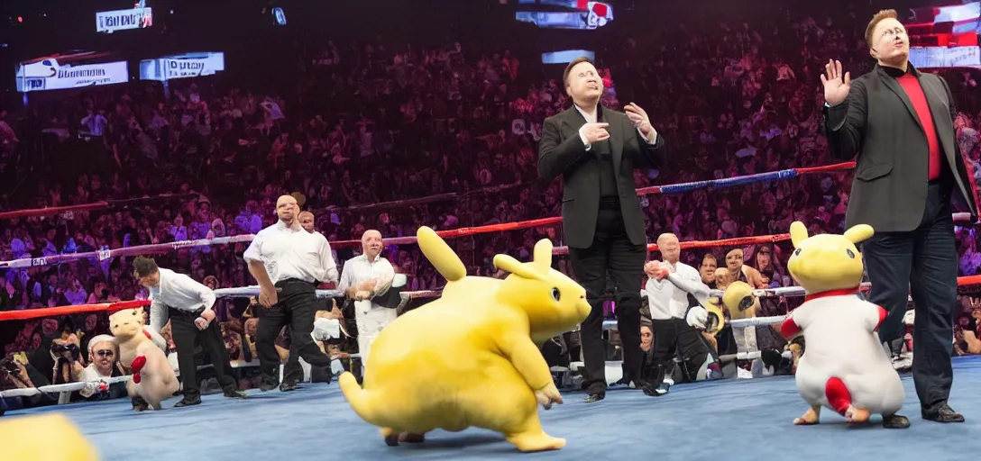 Image similar to elon musk in a boxing arena against donald trump with a crowd of pikachus