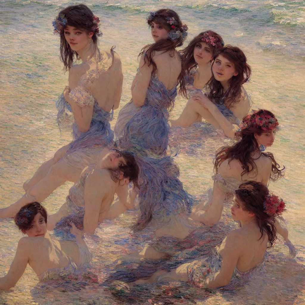 Prompt: illustration studio portrait of three beautiful girl in an artistic pose resting in the beach, monet painterly motives and textures pattern, hyper detailed, octane render, vivid colors, artstation, by jeremy mann, by alphonse mucha, by monet