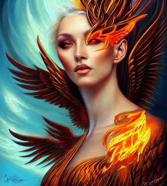 Prompt: phoenix goddess, fiery tattoos, portrait, digital art by artgerm and karol bak