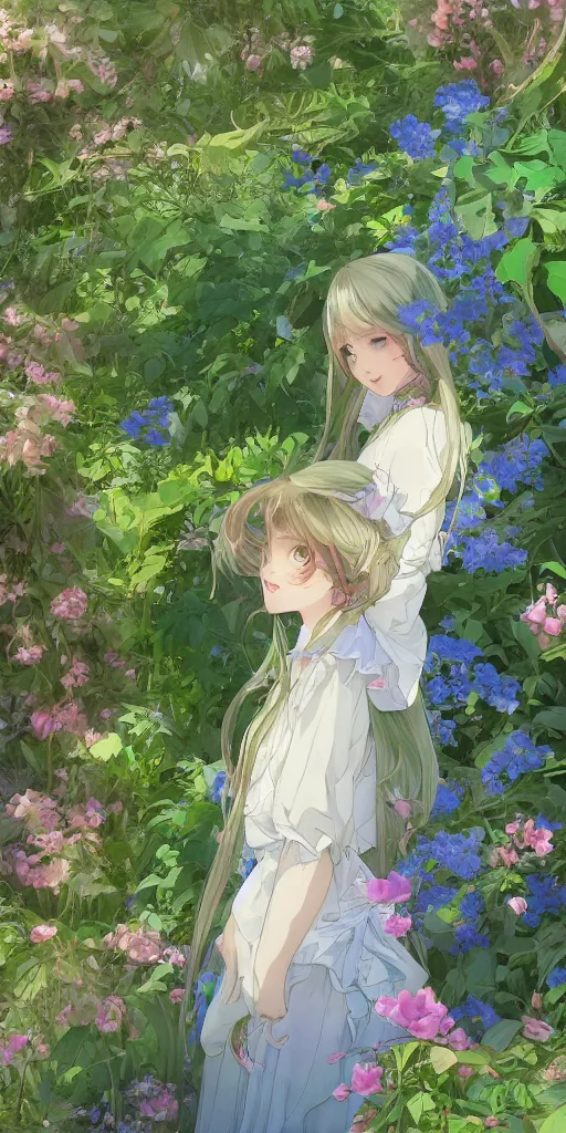 Image similar to a digital art of a loli with long hair in a dress in the privet garden at after noon, green and warm theme, mediumslateblue flowers, low angle, back lighting, by krenz cushart and mucha and akihito yoshida and greg rutkowski, highly detailed, 4 k resolution, trending on art station