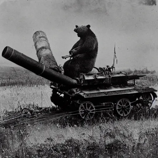 Prompt: a picture of a enormous bear pulling a towed antitank canon behind his back like a chariot, eastern front, historical picture