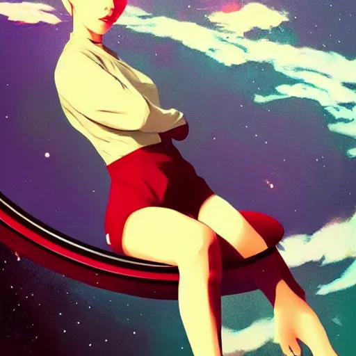 Image similar to ilya kuvshinov art of a woman floating in space