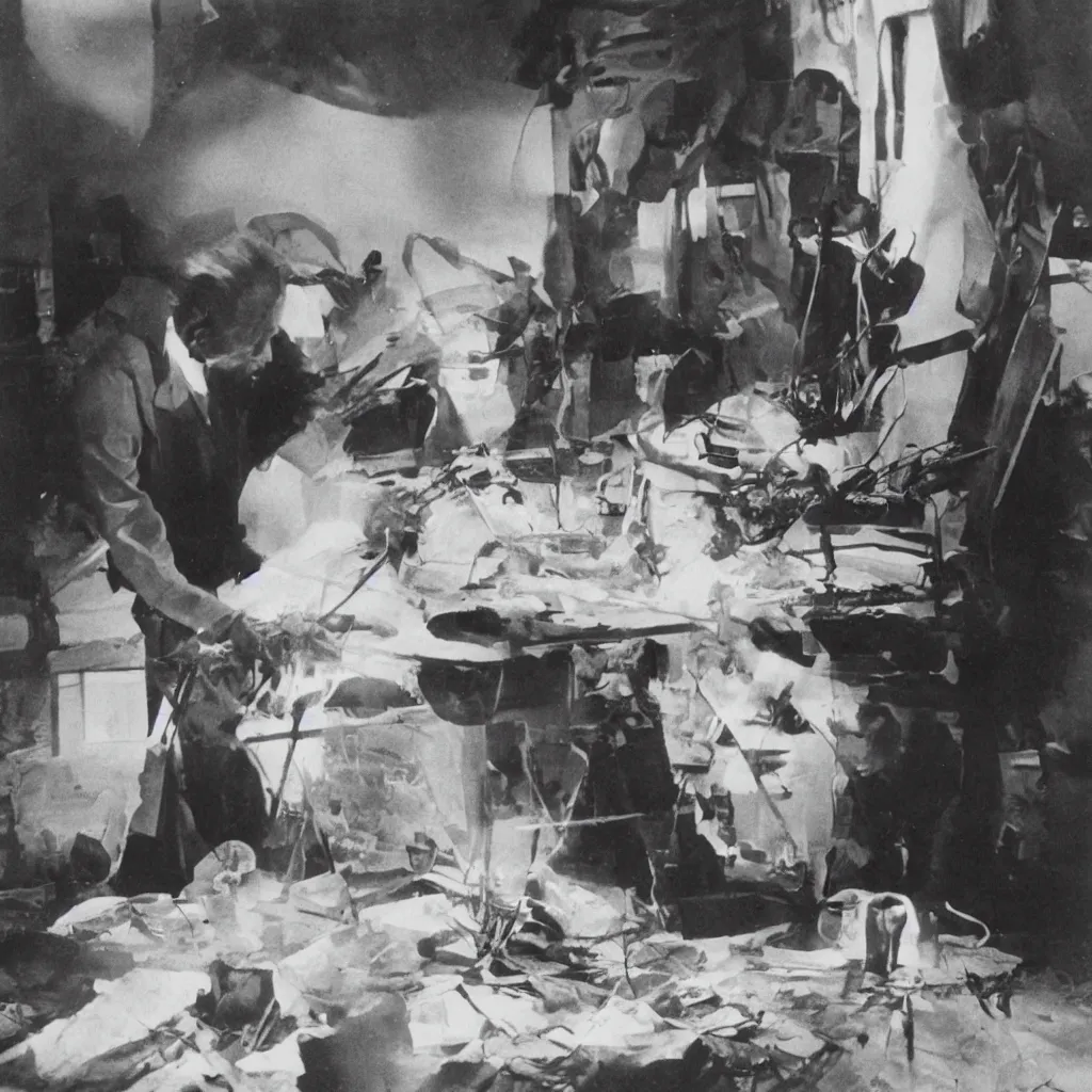 Image similar to a long exposure shot of Marcel Duchamp working on a readymade object, archival pigment print