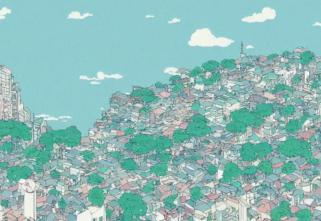 Image similar to studio ghibli style wallpaper, japanese city, washed out, lo fi, pleasant colors