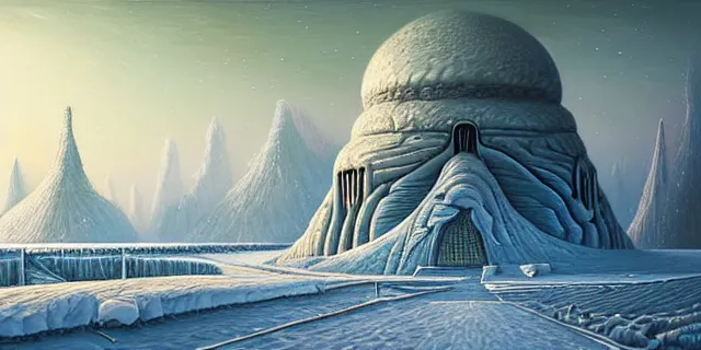 Image similar to painting artic snow covered alien nature labyrinth consuming futuristic mega city from blade in the style of nebulapunk by tomasz alen kopera and daniel lieske with futuristic castle by simon stahlenhag