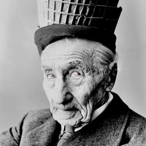 Image similar to detailed 1930s photograph of a wrinkled old man with a tall hat made of waffle cone, filled with huge scoops of real ice cream