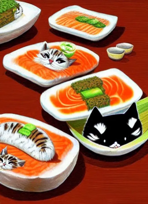 Image similar to clear photorealistic picture of adorable cats made out of sushi