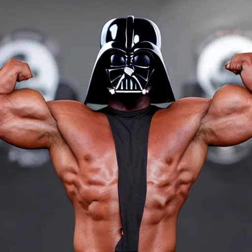 Image similar to a bodybuilder wearing Darth Vader's mask