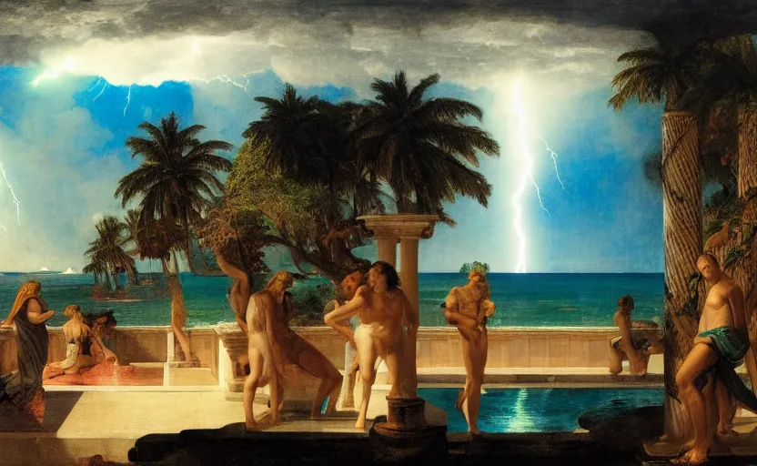 Prompt: mediterranean balustrade and columns, refracted lightnings on the ocean, thunderstorm, greek pool, beach and Tropical vegetation on the background major arcana sky and occult symbols, by paul delaroche, hyperrealistic 4k uhd, award-winning, very detailed paradise