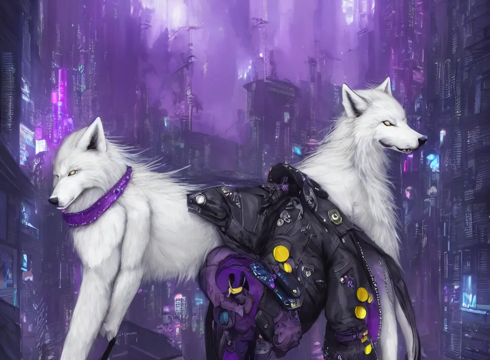 Image similar to award winning beautiful portrait commission of a male furry anthro albino wolf fursona with a tail and a cute beautiful attractive detailed furry face wearing stylish black, purple and yellow cyberpunk biker clothes standing on top of a high rise in a cyberpunk city at night while it rains. Character design by charlie bowater, ross tran, artgerm, and makoto shinkai, detailed, inked, western comic book art