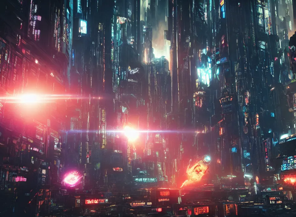 Prompt: an interdimensional portal opening in the midle of a dense megacity, a country sized cyberpunk megacity, judge dredd, dredd, the explosion from akira, a visible concussion wave in photorealistic style, volumetric light, rendered in redshift, ray tracing on epic settings, epic scale, epic scene