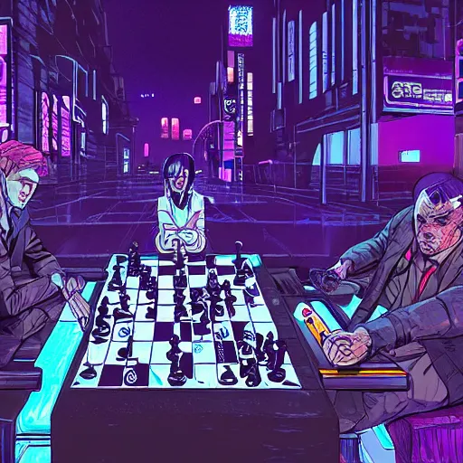 Image similar to high detailed replicants playing chess in a cyberpunk rainy city at night by josan gonzalez, purple and blue neons, unreal engine, high quality, 4 k, uhd, trending on artstation, wires, blade runner vibes, ghost in the shell, akira, dorohedoro