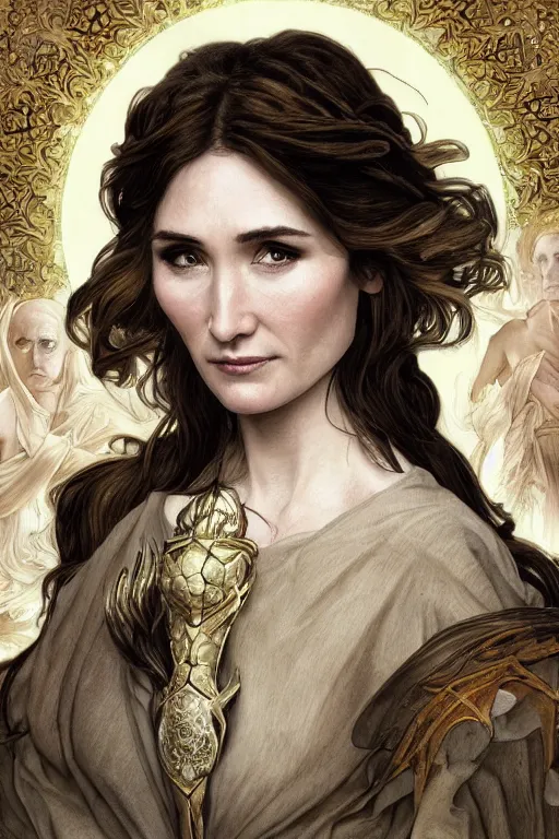 Image similar to carice van houten as a fire priest, anatomy, cute, fantasy, intricate, elegant, highly detailed, digital painting, 4 k, hdr, concept art, smooth, sharp focus, illustration, art by artgerm and h r giger and alphonse mucha