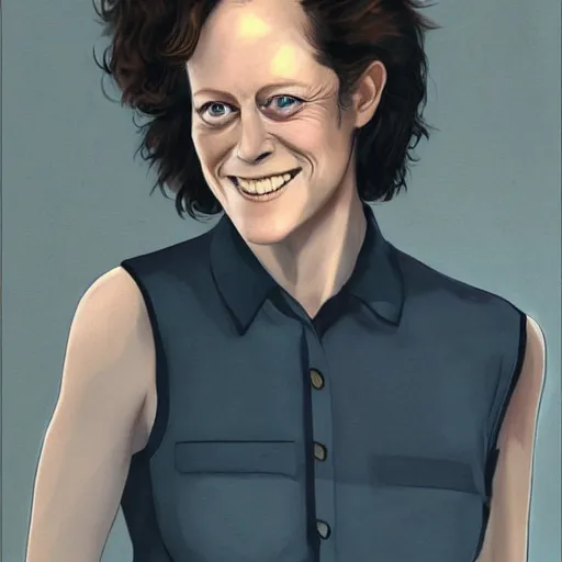 Prompt: young sigourney weaver, smiling, happy, beautiful, intelligent, fully clothed, wise, beautiful, dramatic lighting, sharp focus, by stanley artgerm, trending on artstation, flat colour, geometric curves