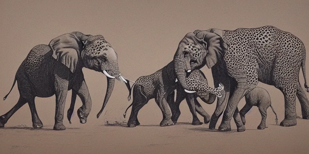 Image similar to Highly detailed painting of a elephant and a cheetah by moebius