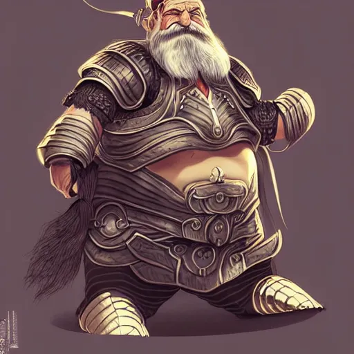 Image similar to elderly female feminine bearded dwarven heavyset fighter with curly long grey hairstyle, her full beard is long and plaited style, she has wrinkled skin and is wearing full black platemail armor with intricate slight gold trim by rossdraws