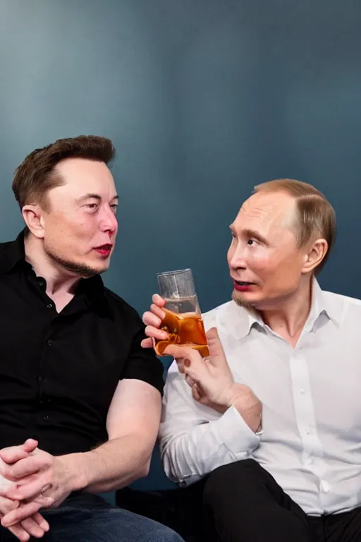 Image similar to detailed photo of elon musk drinking vodka with putin