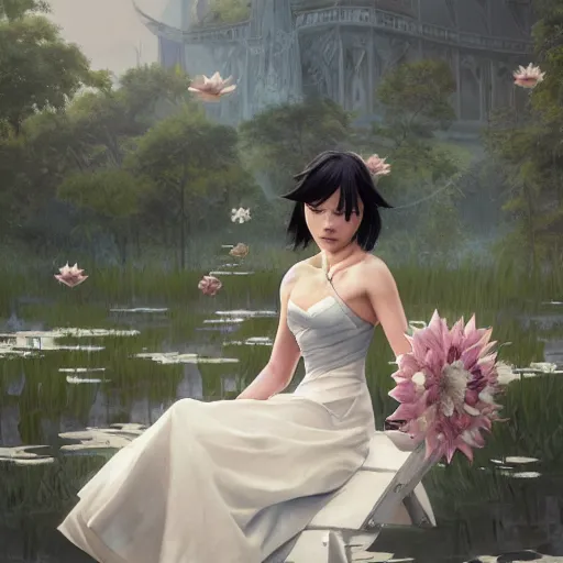 Prompt: cassandra cain in a wedding dress, sitting in a lake full of lotus flowers, cg animation, riot entertainment, arcane, realistic, character select portrait, by artgerm, greg rutkowski, alphonse mucha, 3 d