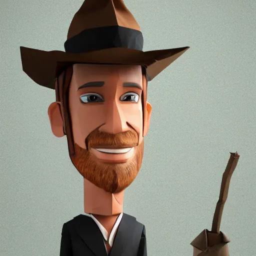 Image similar to realistic full body of indiana jones with hat made of origami, 3 dimentional, details, intricate details, Origami Studio 3 design, Toon Boom render