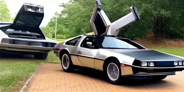 Image similar to a single delorean, 1 9 6 9 dodge charger and time machine hybrid, dslr