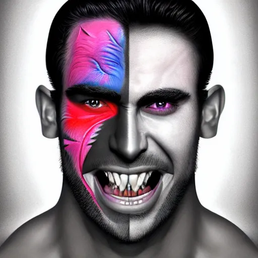 Image similar to x-ray scan of Beautiful face of very manly Gigachad with very big jaws, big eyebrows, smile like trollface, colorful face painting on grey scale face, powerful , magic, thunders, dramatic lighting, intricate, wild, highly detailed, digital painting, artstation, concept art, smooth, sharp focus, illustration, art by artgerm and greg rutkowski and alphonse mucha, footage from space camera