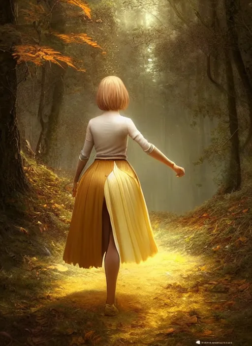 Image similar to young woman walking in skirt : : magic forest mushrooms nature : : weta disney pixar movie still photo : : decadent highly - detailed digital painting, full length shot, golden ratio, octane render, artstation, smooth, sharp focus, artgerm, mucha, loish, wlop, gogo