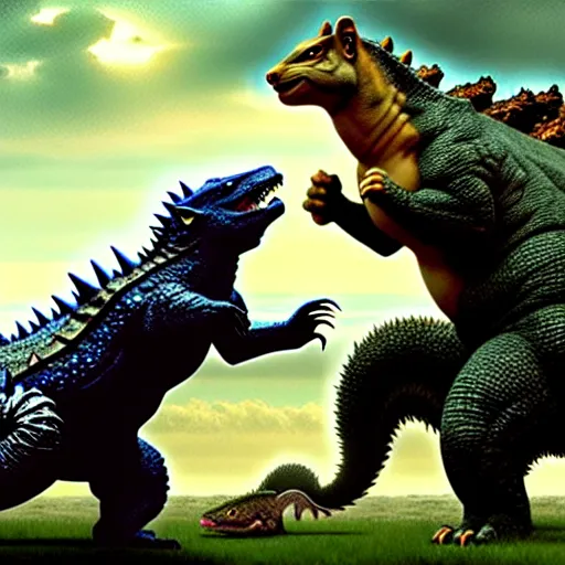 Prompt: godzilla fighting a giant muscular squirrel and a giant gay lizard in a field, 4 k, detailed, smooth lighting, art by greg rutkowski, intense lighting