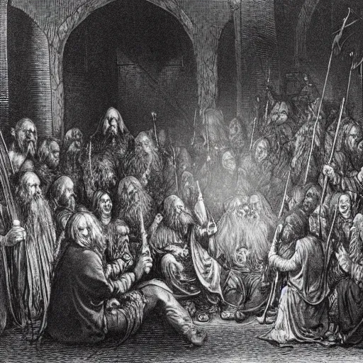 Prompt: the fellowship of the ring, by gustave dore and albrecht durer