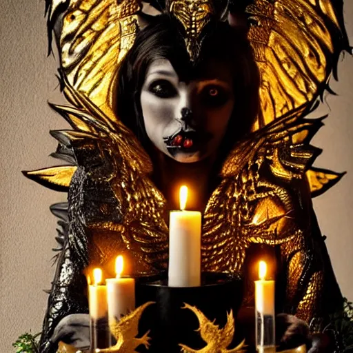 Image similar to gothic ritual with many golden candles, german shepherd with dragon wings in gothic makeup, gloomy, candlelight, intricate detail faces, fireplace photograph