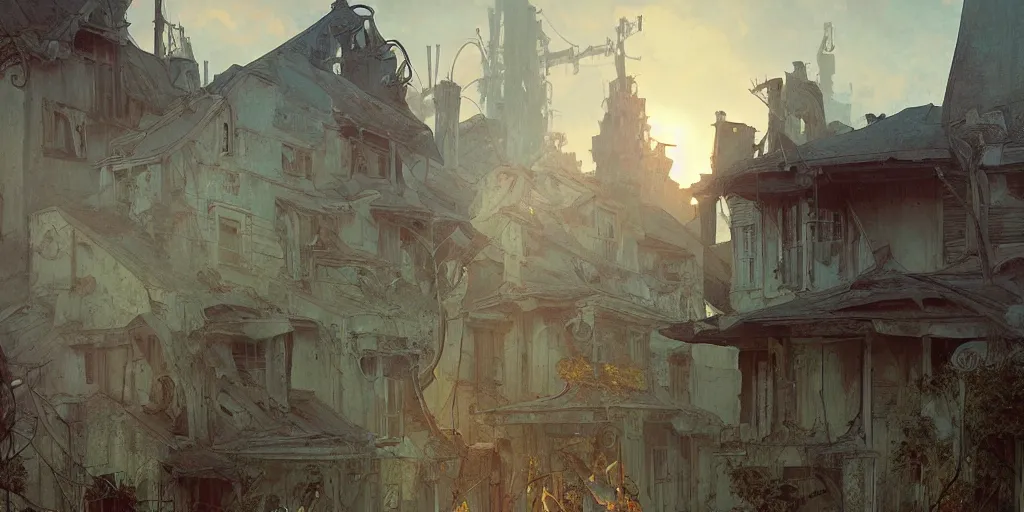 Image similar to decrepit house with legs, city is pure wasteland, sunset in background, detailed characters, alphonse mucha, greg rutkowski, trending on artstation, artgerm, breathtaking, sharp focus, smooth, mark arian, award winning, highly detailed 4 k art