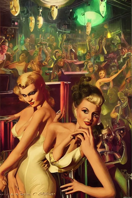 Image similar to Alien debutantes from another planet visit a jazz nightclub in Harlem in 1946, an epic painting, volumetric lighting, intricate, elegant, highly detailed, digital painting, artstation, concept art, smooth, sharp focus, art by Gil Elvgren