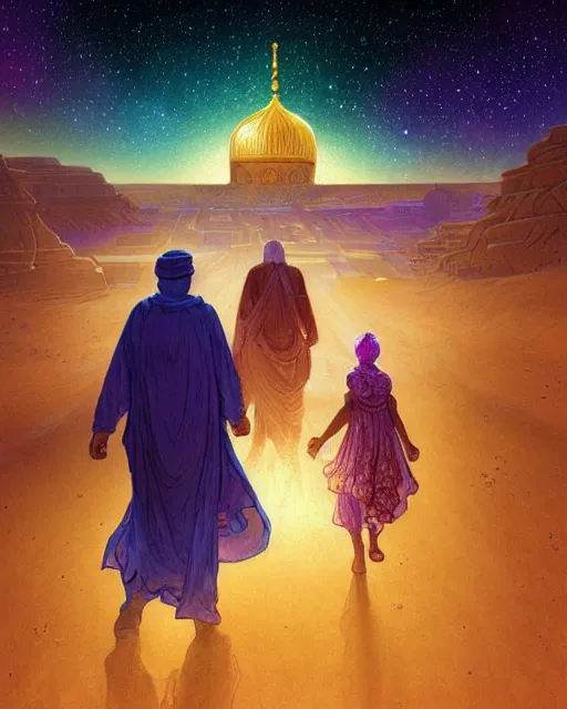 Image similar to bedouin man and woman and child in galaxy walking towards mosque surrounded by nebula, highly detailed, gold filigree, romantic storybook fantasy, soft cinematic lighting, award, disney concept art watercolor illustration by mandy jurgens and alphonse mucha and alena aenami, pastel color palette, featured on artstation